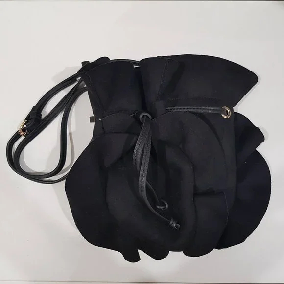 SEED Black Suede Like Ruffled Drawstring Bucket Bag - Picture 6 of 11